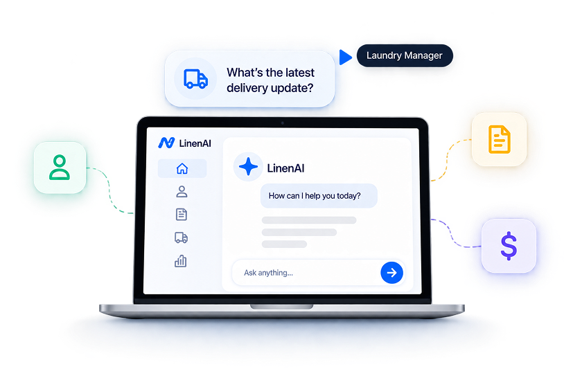 LinenTech AI answering a delivery question on a laptop